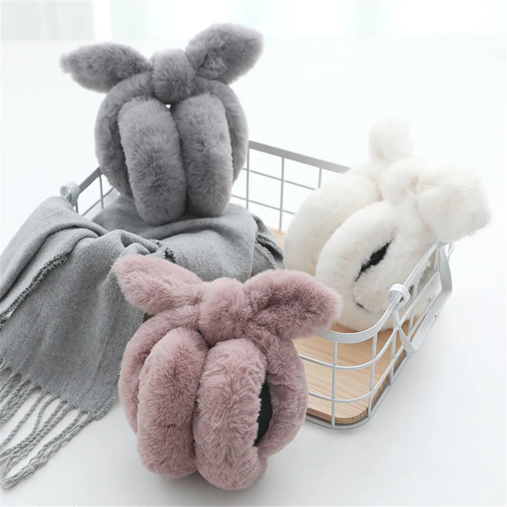 Симпатичные плюшевые наушники с бантиком и ушками кролика зимние женские теплые