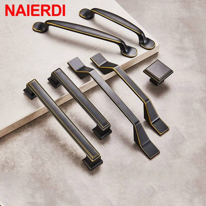 NAIERDI твердые черные ручки шкафа из цинкового сплава Европейский стиль кухонные