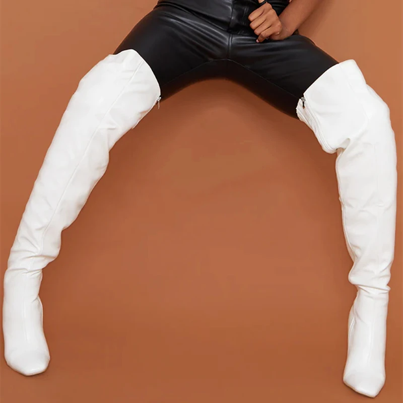 Женские сапоги выше колена на квадратном каблуке с молнией сбоку | Обувь