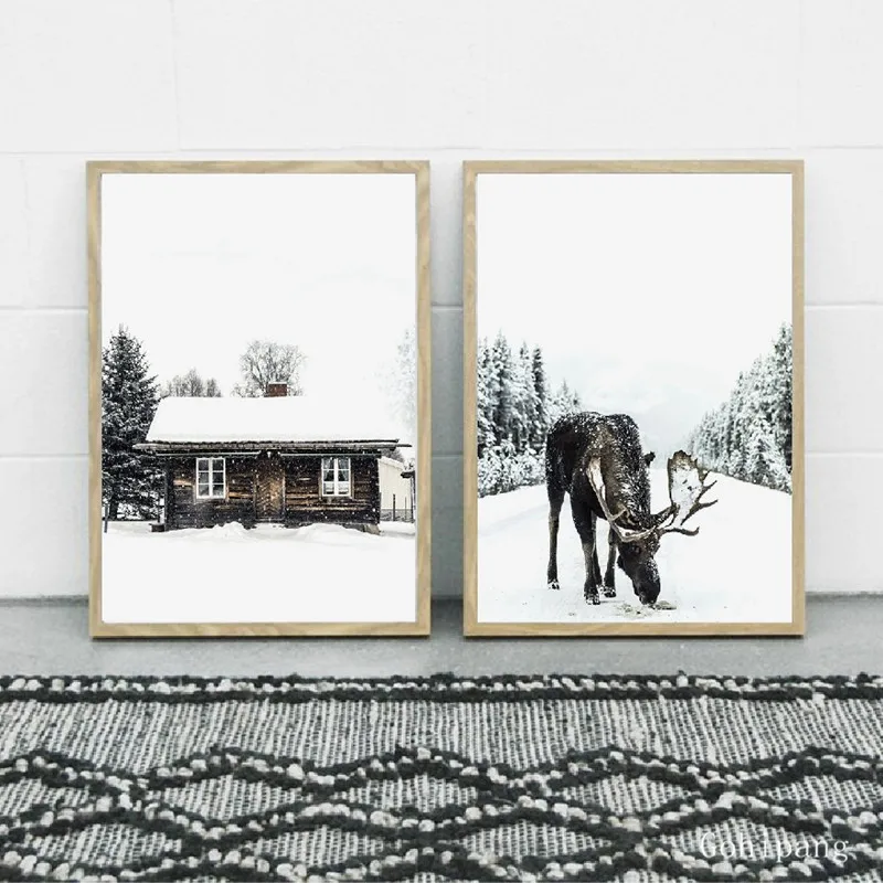 Рождественская настенная Картина на холсте с изображением зимних лесов лосят