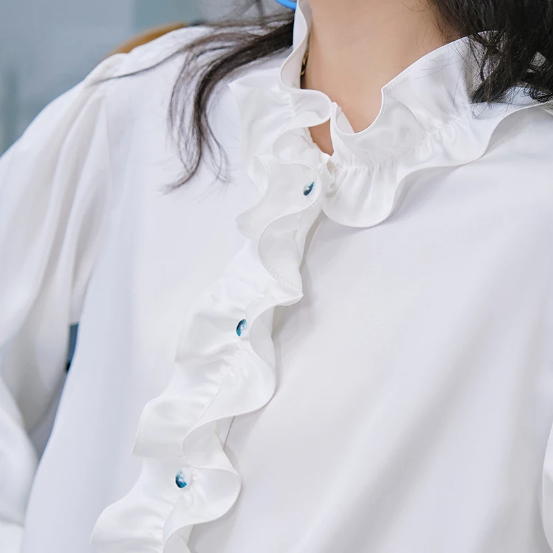 

GALCAUR patchwork ruffle blouse shirt for female stand collar lantern long sleeve pure color women's casual shirt fahion new