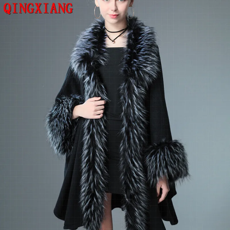 

2021 зимние теплые размера плюс для женщин из искусственного меха енота зимные кардиган Big Pendulum, накидка Висит красить-пончо с рукавами Outstreet п...