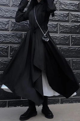 

Ribbon irregular long-sleeved Hepburn Wind Dress women autumn dark women's dress shirt skirt design feeling minority