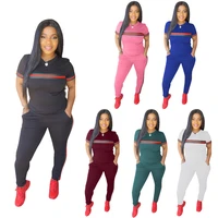 summer women short sleeve leggings stretch plus size 3xl 6 color 2 piece set tracksuits patchwork jogger sport suit wholesale
