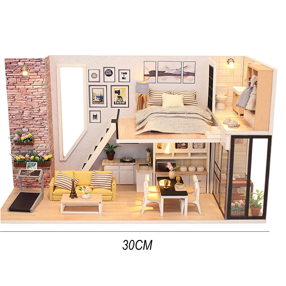 

Apartment Room DIY Wooden Dollhouse Kit Assembled Miniature Indoor Studio Doll House Toy for Girls Adult