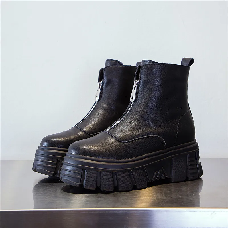 

Genuine Leather Front Zipper Women' Ankle Boots 2020 Fashion Style Women Spring Platform Boots Ladies Chunky Shoes