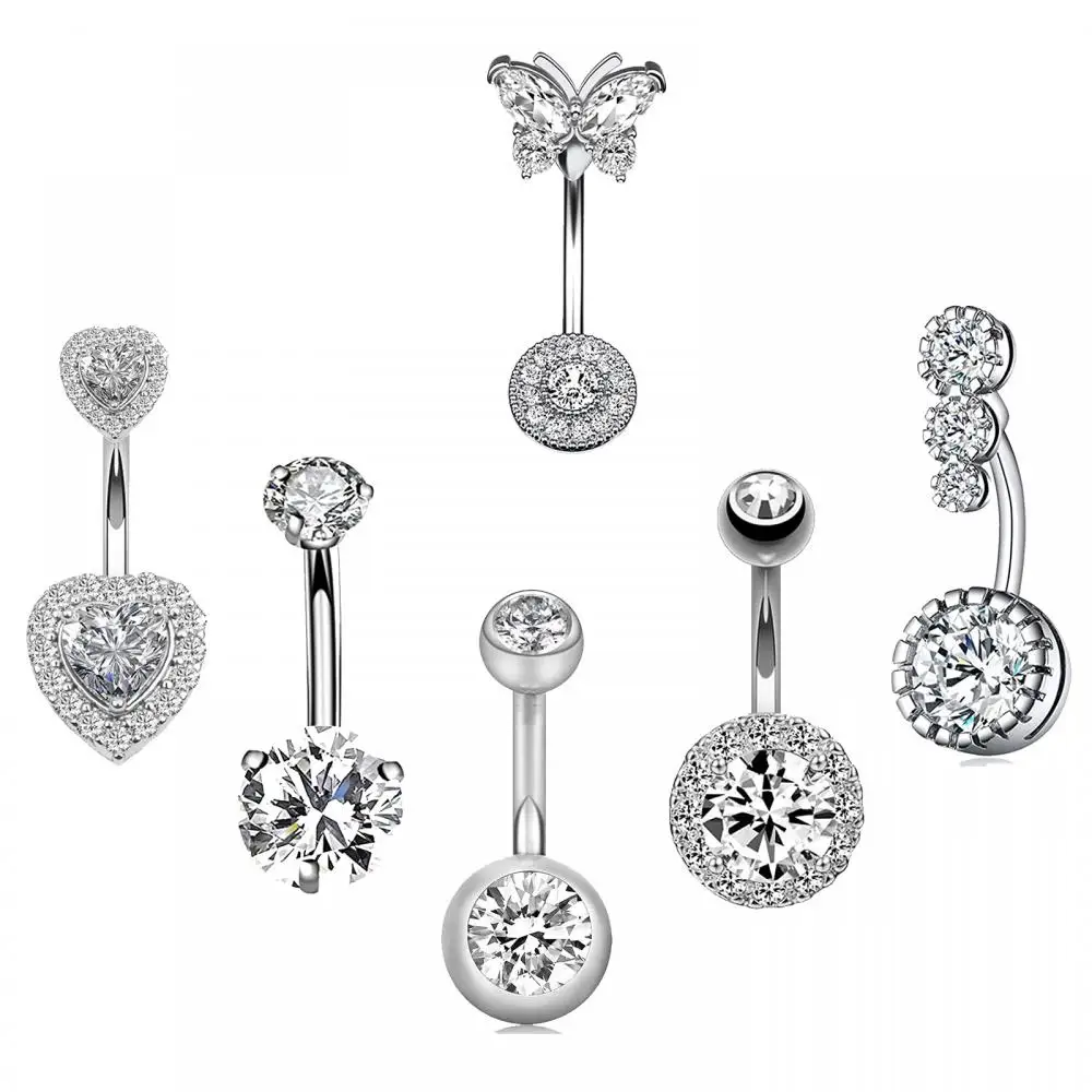 

6pcs Butterfly Heart Belly Navel Button Rings Surgical Steel Crystal Curved Barbell Piercing Ombligo Body Piercing Jewelry Oreja