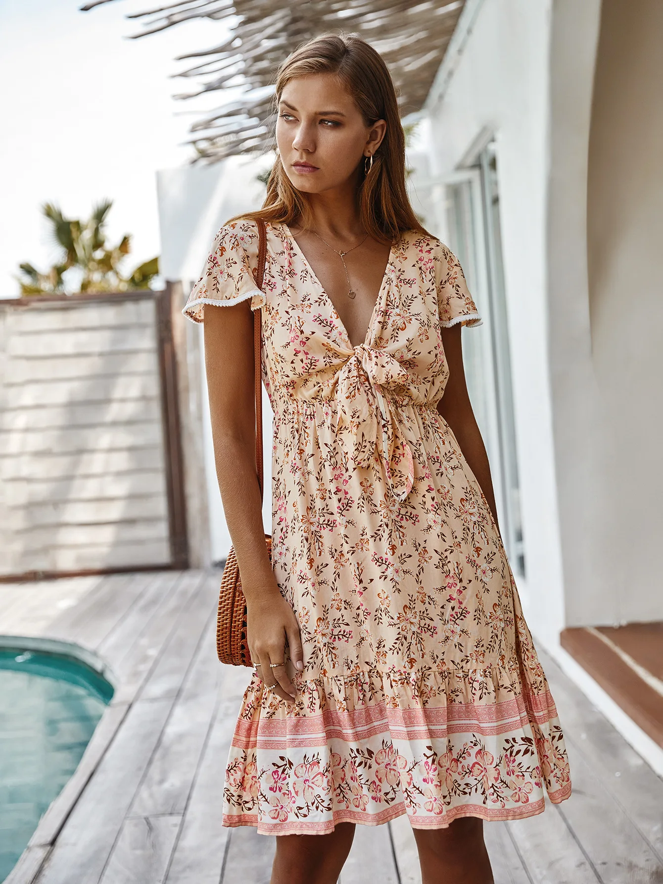 

Summer Short-sleeved Dress with Bohemian Print Holiday Style Sexy V-neck Dress Casual Small Floral Large Size Beach Cotton Dress