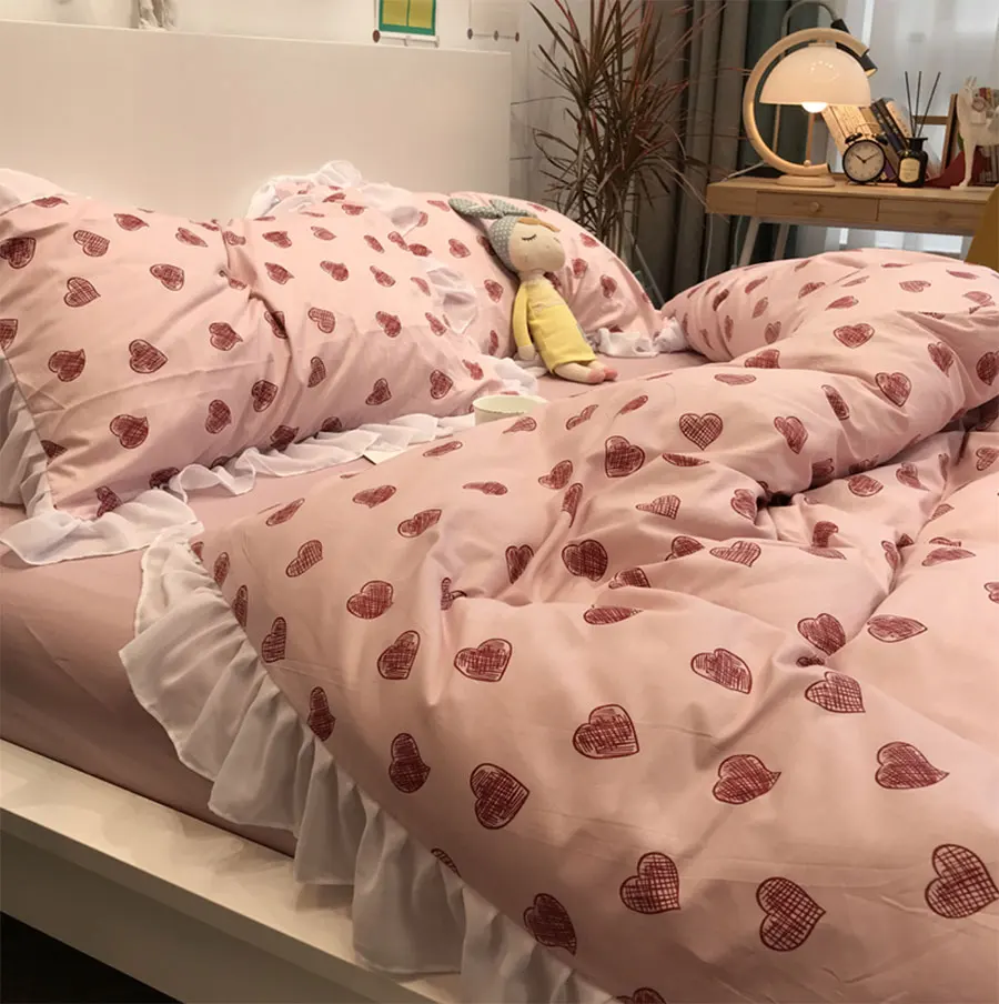 

Sweet cute red heart pink bedding set,fashion romantic cotton twin full queen home textile bed sheet pillow case quilt cover