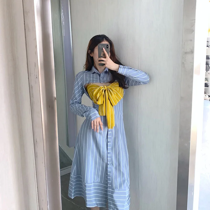 Женское однобортное платье в полоску длинное ажурное платье-рубашка с длинным