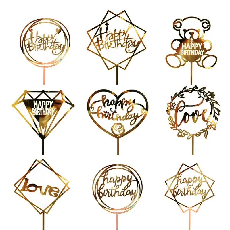 

Glitter Happy Birthday Cake Topper Acrylic Letter Gold Silver Cake Top Flag Decoration For Boy Birthday Party Wedding Supplies