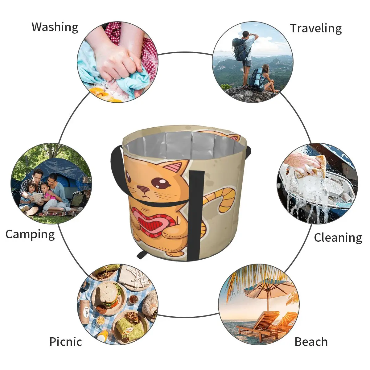 

Foldable Water Bag Angle Cat Hold Red Heart Outdoor Sports Camping Hiking Storge Bucket Picnic Water Container Lifting Carrier