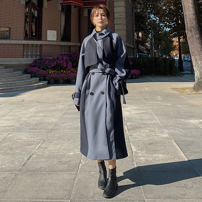

Windbreaker-style Women's Woolen Coat Winter Long Thick Double Row Mouth Classic Korean Fashion Loose Stitching Jacket Female C6