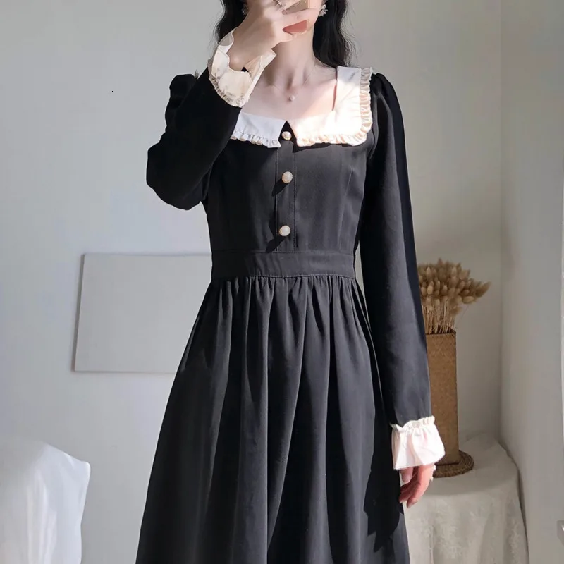 Осень с длинным рукавом темно-Черное женское кружевное Повседневное платье