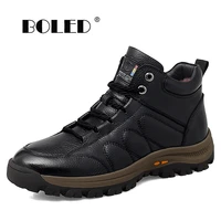 high quality natural leather winter boots men warm plush ankle snow boots comfortable outdoor shoes men