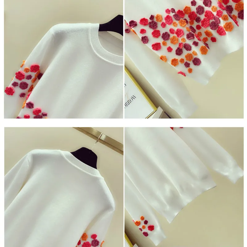 Женский свободный свитер с вышивкой трикотажный белый джемпер ручной работы