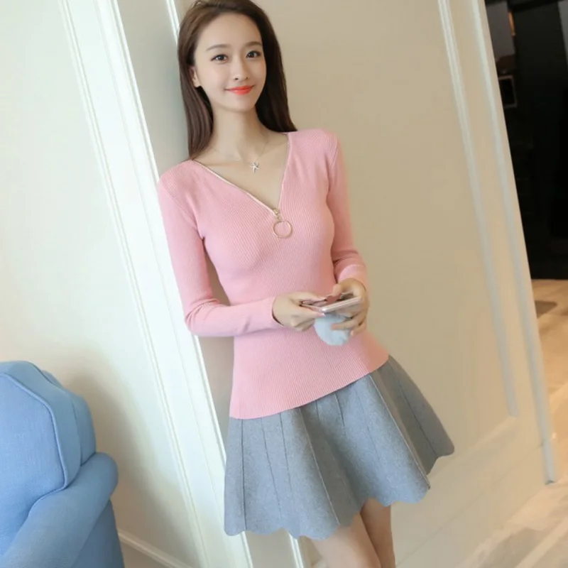 Zipper V-neck Knit Pullover Sweater Women Fashion 2020 Autumn Winter Pink Tops Female High Quality Keep Warm Jumper Pull Femme | Женская