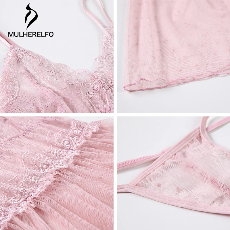 

Sexy Mesh Sling Nightdress t Pants 2-Piece Suit Women's Lace See-Through Hollow Nightwear Erotic Seduction Transparent Homewear