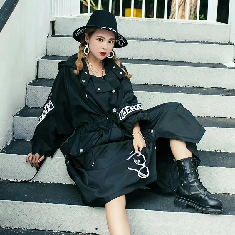 

CHICEVER Casual Black Windbreakers For Women Lapel Long Sleeve Loose Oversized Pockets Solid Coats Female 2021 Fall Clothing New