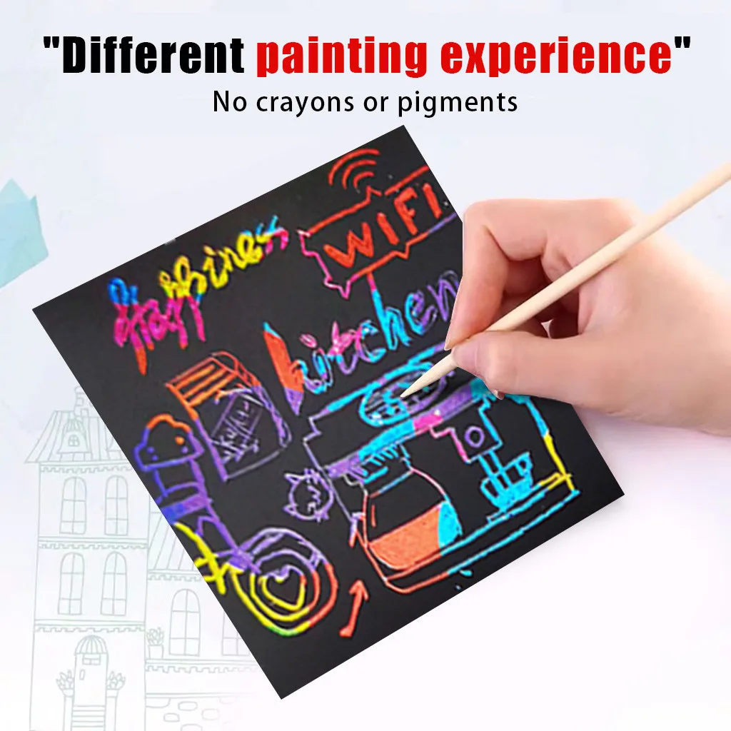 Scratch Notes Set Doodle Art With 100 Holographic Rainbow Paper 2 Stylus Stencils Magic montessori toys | Игрушки и хобби