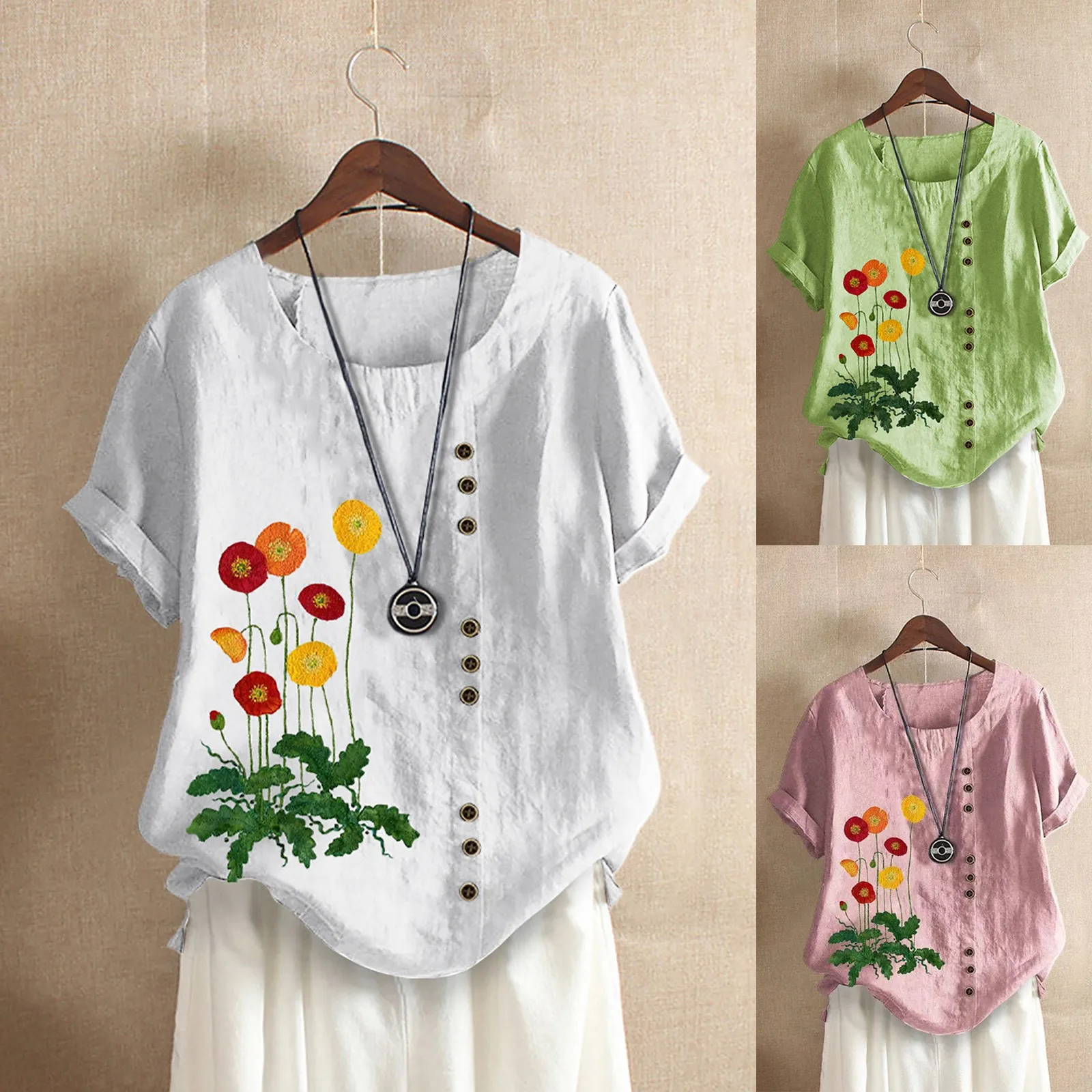 

Harajuku Woman Tshirts Women Loose Cotton And Linen Button Print O-Neck T-Shirt Tops Graphic T Shirts Tops Women 2021 футболка