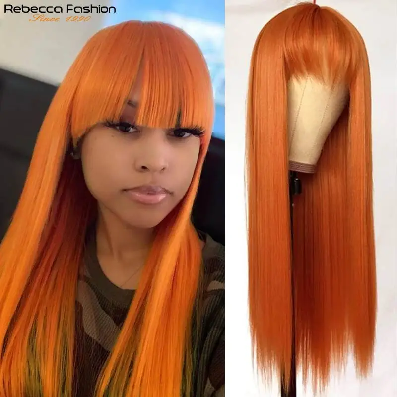 Orange Ginger Straight Wig With Bangs Brazilian Remy Straight Human Hair Wig For Women Highlight Orange Straight Wig Cosplay Wig