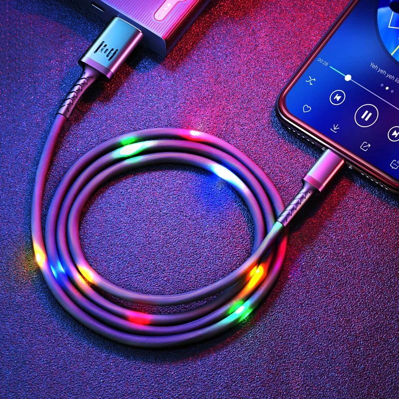 

USB Voice Control Flash RGB LED Light Charging Cord For Samsung iPhone Huawei Xiaomi Quick Charge Wire Data Cable Android