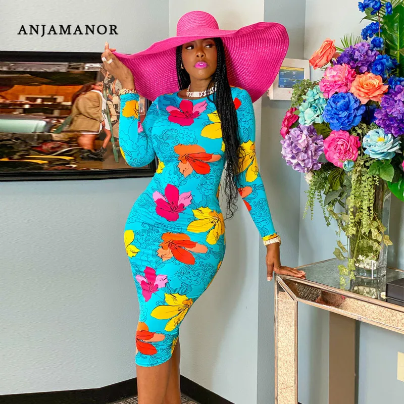 Женское облегающее платье миди с длинным рукавом и цветочным принтом|Женские