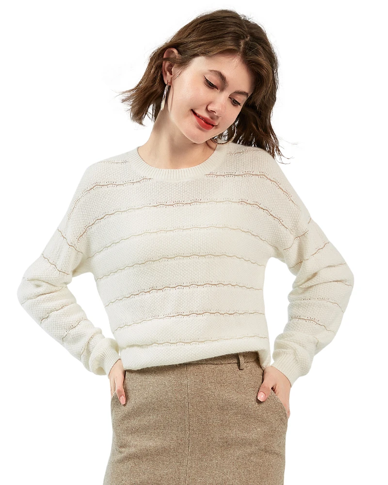 

Zhili Women's 100% Cashmere Wave Knit Crewneck Sweater