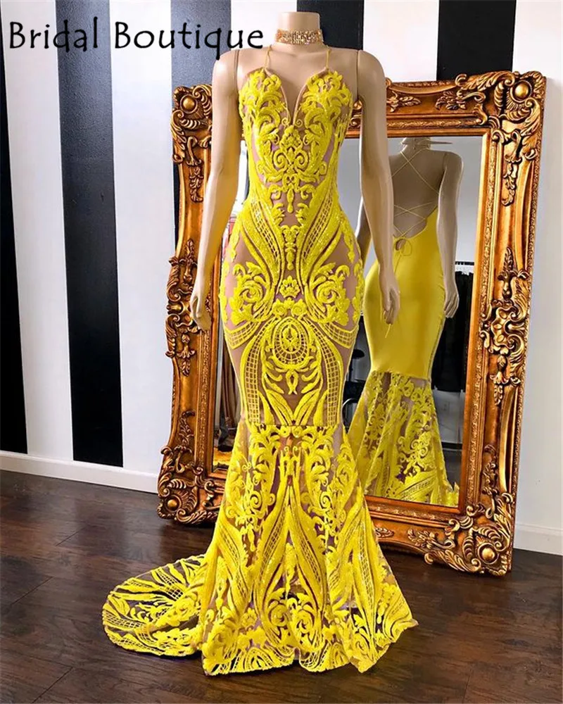 

Yellow Prom Dresses Sequined Sleeveless Mermaid Sexy Black Girls Evening Party Gowns Custom Made