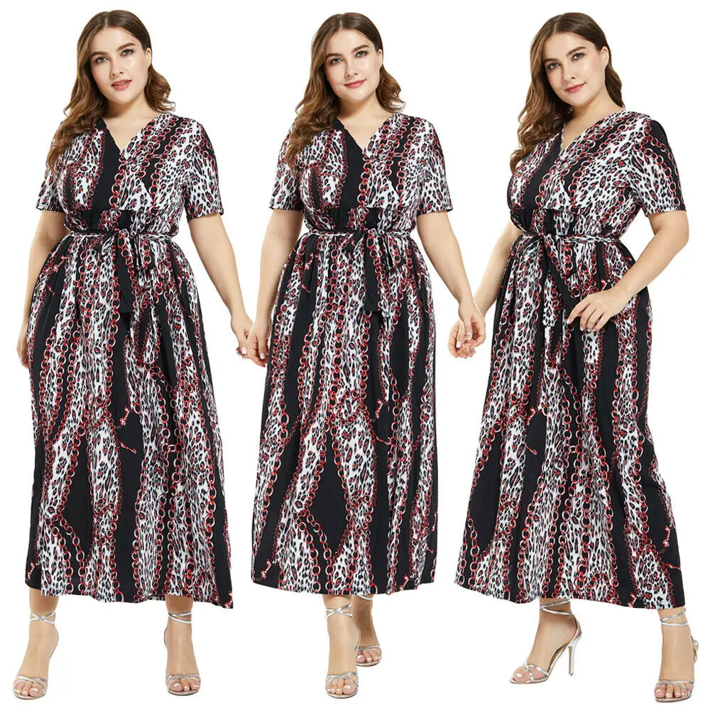 

Fashion Women's Summer Loose Leopard Print Long Dress Holiday Short Sleeve V-Neck Dress Casual Plus Size Dresses Gown