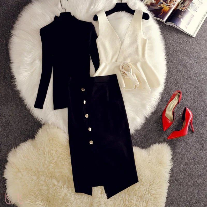 Women's Autumn New Korean Fashion Suit Three-piece Waistcoat + Knitted Top High Waist Bag Hip Skirt Female Sets |