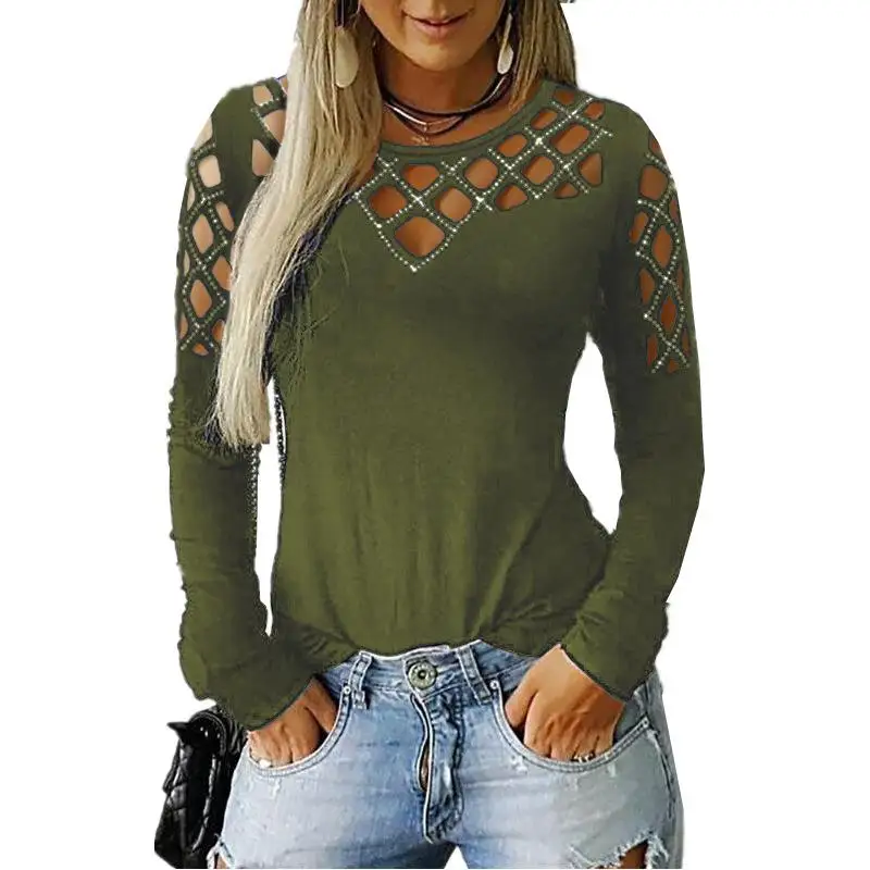Plus Cold Shoulder Balloon Long Sleeve Top Women Hollow Rhinestone Tops Casual Solid Lady Shirts Female Size | Женская одежда