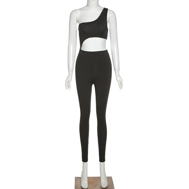 

UVRCOS Sport Jumpsuit Skinny Single Sleeve Solid Color Hollow Out Summer Off Shoulder Skinny Club Outfits High Street Sportwear