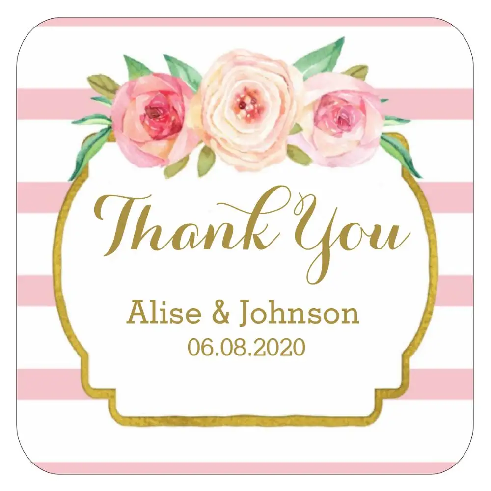 Розовые полоски золотые розовые цветочные свадебные ярлыки квадратная