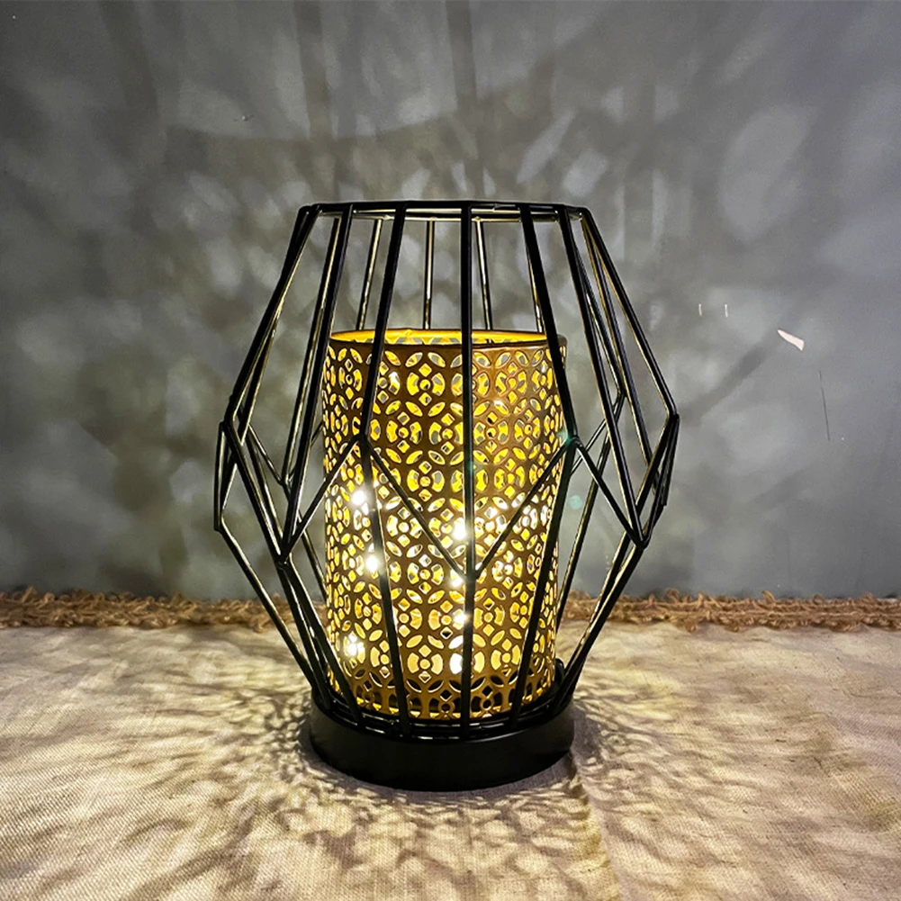 

LED Lantern Light Hollow Wrought Iron Cage Hanging Lamp Romantic Atmosphere Garden Light Metal Pattern Lights Outdoor Decor