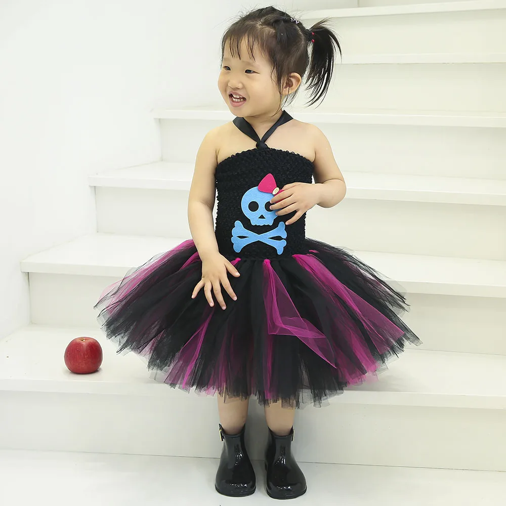 Платье-пачка для девочек Черное и ярко-розовое с изображением черепа | Детская