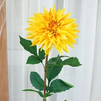 luxury real touch big dahlia long branch with green leaf artificial flowers for home room decor fake flower flores artificiais