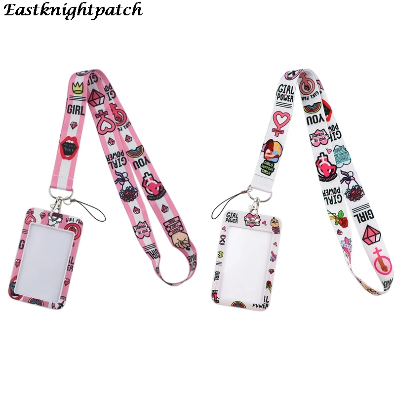 

12pcs/lot E3033 Cartoon Feminism Lanyard Keychain key Badge ID Mobile Phone Rope Cute Lanyard With Card Holder For Girls