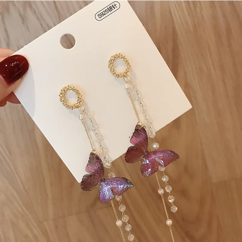 

2020 New Arrival Zeojrlly Metal Trendy Water Drop Women Dangle Earrings Korean Style New Purple Butterfly Long Crystal Tassel