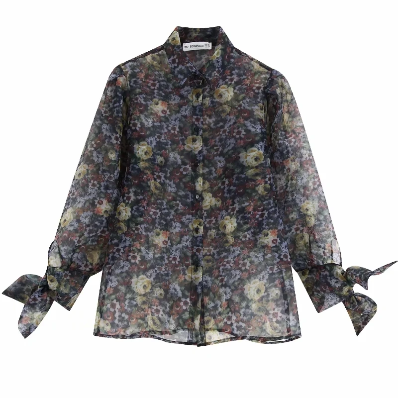 Новые женские пикантные цветочный принт прозрачный блуза из органзы шик рубашки