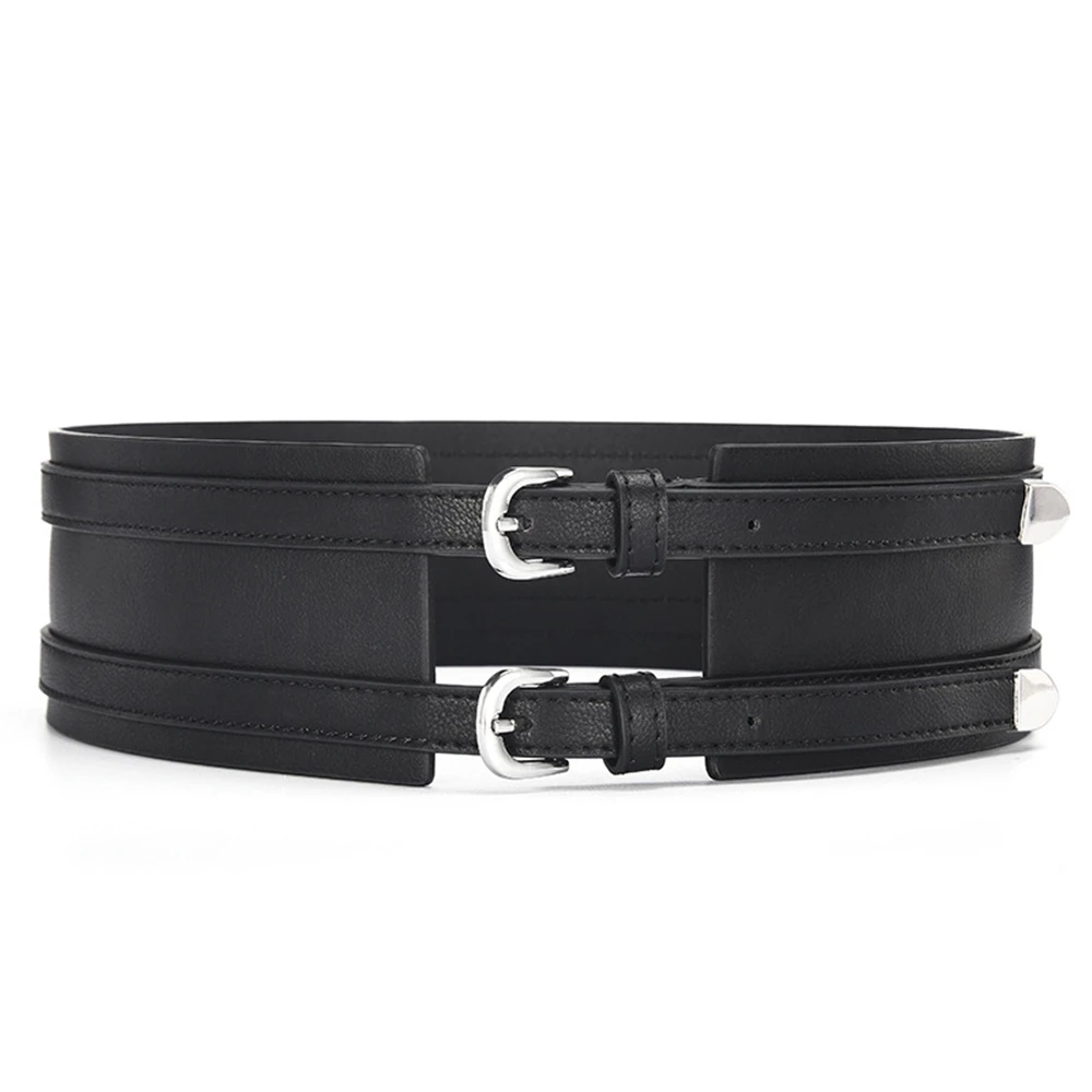 

High quality Women Classic Black Wild Double Pin Buckle Wide Belt Decorative Dresses Coat Girdle Cummerbunds