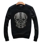 Толстовка мужская с длинным рукавом, свитшот с рисунком черепа в стиле аниме, однотонный Свитшот со стразами, уличная одежда, облегающие худи