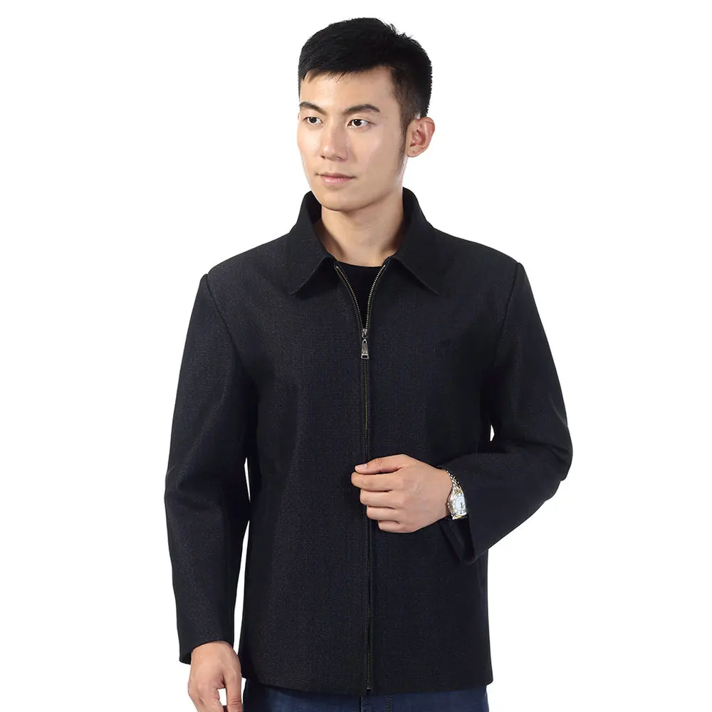 Мужские демисезонные куртки Smart casual базовое пальто с отложным воротником черная верхняя одежда для зрелых мужчин куртка на молнии спереди Китайская одежда - Цвет: Черный
