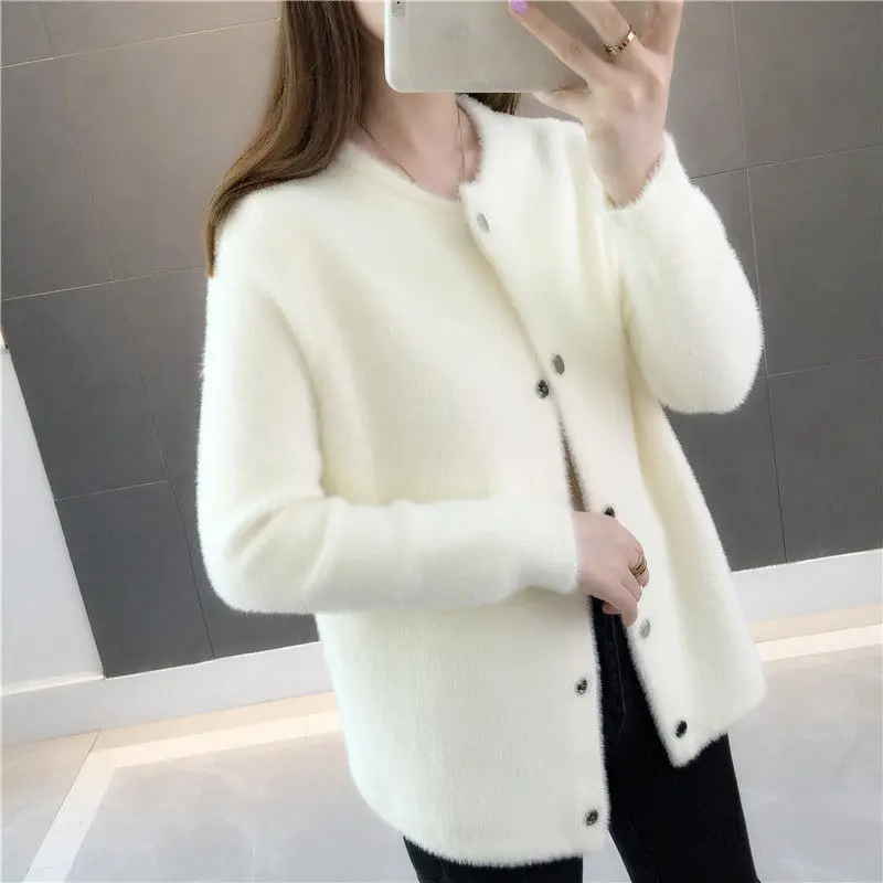 

2021 Mink Fur Autumn and Winter Sweater Coat Ladies Hairy Soft Loose Velvet Long-sleeved Cardigan Jacket White Black Red Khaki