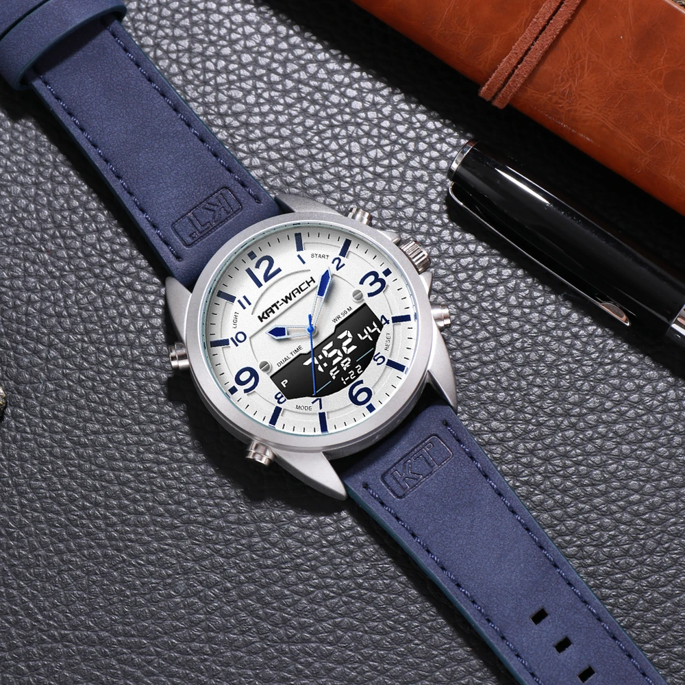 

Luxury Brand Mens Sports Watch Digital Quartz Dual Display Watch Leather Strap Military Army Reloj Fashion Male Relogio Masculin