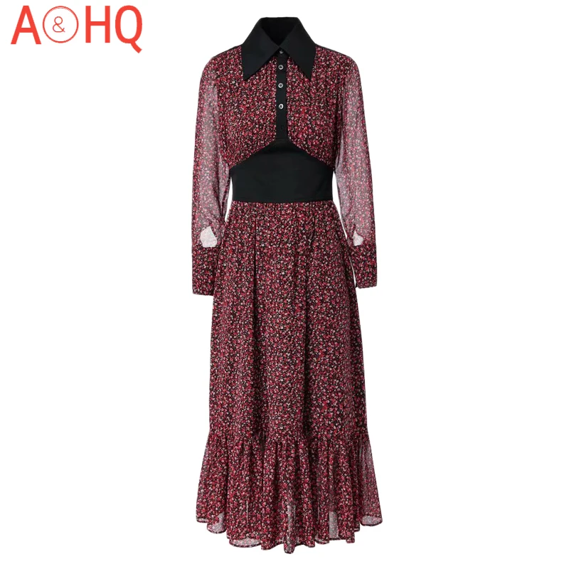 

Long Dress 2021 Spring New Women Fashion Vintage Lapel Long Sleeve Party Elegant Floral Casual Chiffon Shirt Dresses