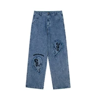 2021 stylish patch embroidery retro washed men baggy jeans trousers hip hop straight wide cotton kpop denim pants pantaloni uomo