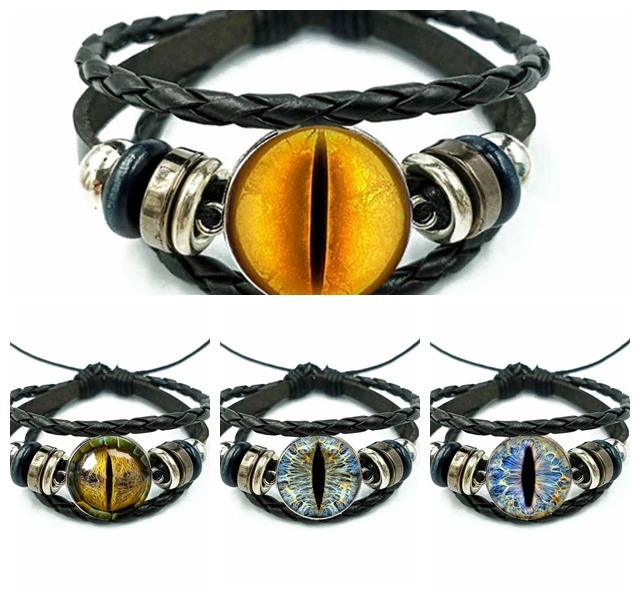 Кожаные браслеты со стеклом и кошачьими глазами многослойные плетеные черные