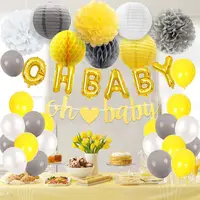 Baby Shower Decoration with Gold Oh Baby Foil Balloon Fur Ball,  Yellow and Gray Paper Lantern for Girls Boys Baby Shower Party